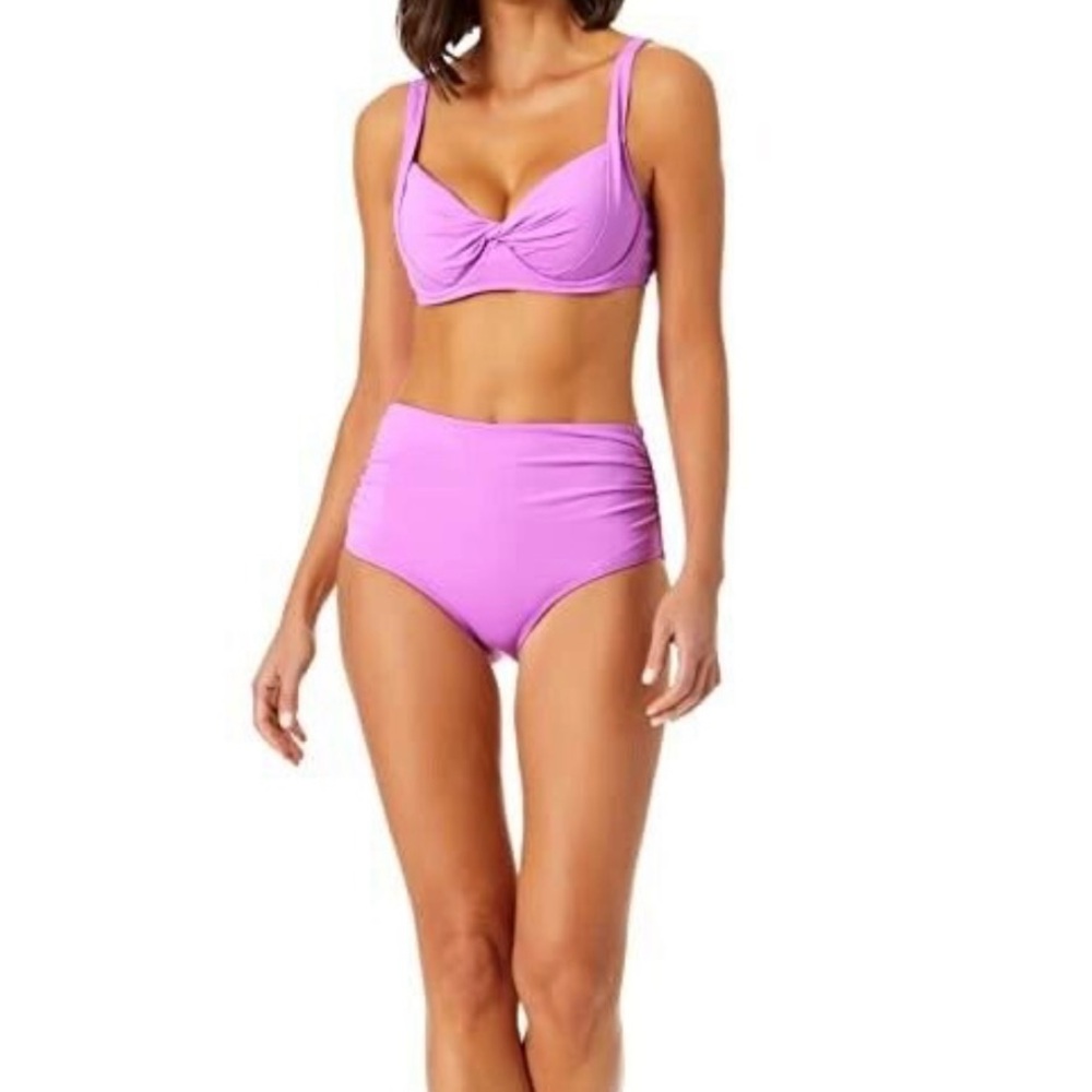 Anne Cole retro twist underwire top & high-waist shirred bottoms small- lavender